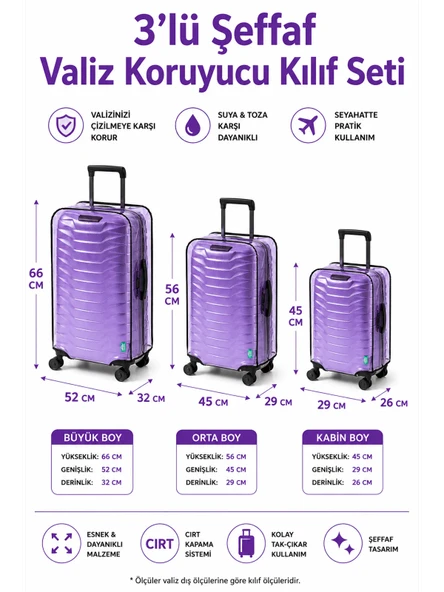 NEON * MOR  *  Şeffaf Valiz Koruyucu Kılıf Ve Bavul Koruyucu Kılıf - 3'l ü SET ( Büyük +Orta + Kabin ) ürün görseli 1