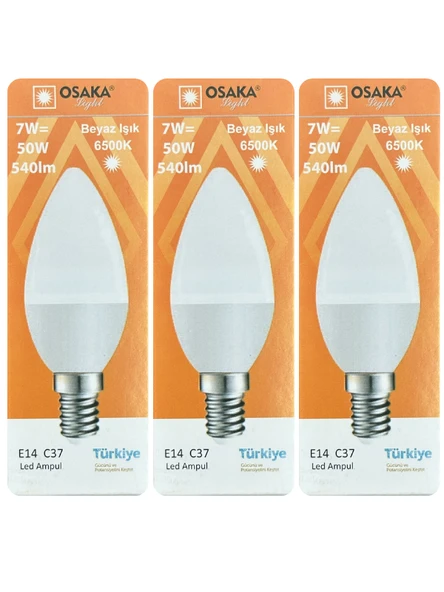 (3 Adet) Osaka 7W (50W) Beyaz Işık (6500K) E14 Duylu (İnce Duy) Led Mum Ampul ürün görseli 1