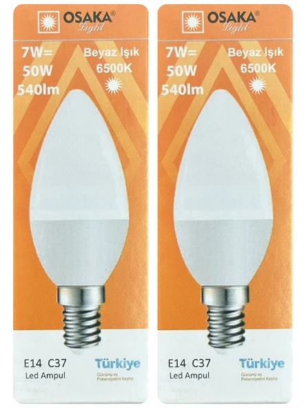 (2 Adet) Osaka 7W (50W) Beyaz Işık (6500K) E14 Duylu (İnce Duy) Led Mum Ampul ürün görseli 1