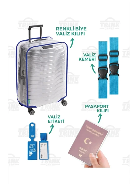 Şeffaf Valiz Kılıfı Seti (Valiz Kılıfı-Valiz Kemeri-Valiz Etiketi-Pasaport Kılıfı) Mavi Biyeli ürün görseli 1