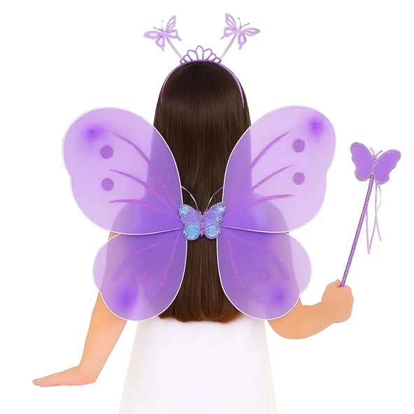 Lila Mor Kelebek Kız Seti - 50 Cm Kelebek Kanadı, Taç Ve Asa ürün görseli 1