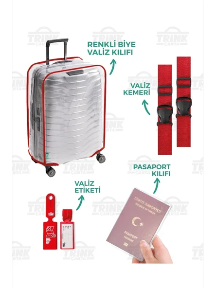 Şeffaf Valiz Kılıfı Seti (Valiz Kılıfı-Valiz Kemeri-Valiz Etiketi-Pasaport Kılıfı) * KIRMIZI Biye * ürün görseli 1