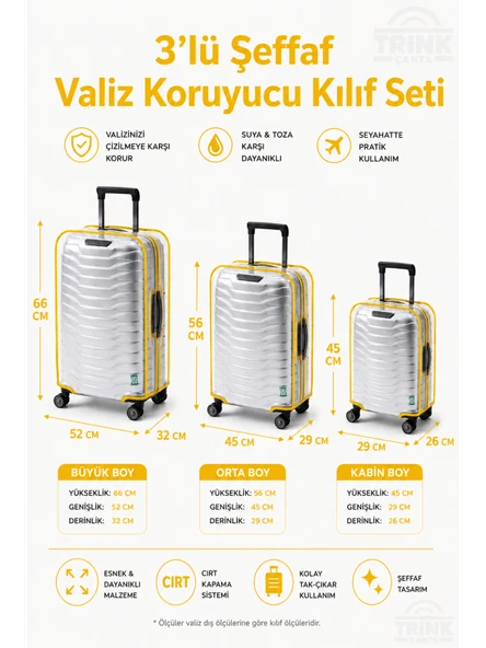 Şeffaf Valiz Koruyucu Kılıf Ve Bavul Koruyucu Kılıf - 3'l ü SET ( Büyük +Orta + Kabin ) * SARI  BİYE * ürün görseli 1
