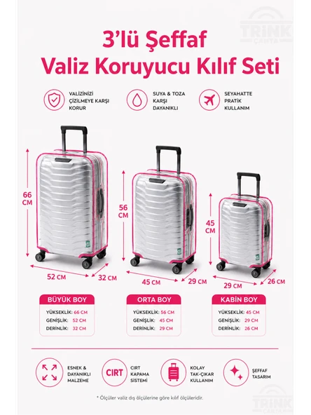 Şeffaf Valiz Koruyucu Kılıf Ve Bavul Koruyucu Kılıf - 3'l ü SET ( Büyük +Orta + Kabin ) * PEMBE BİYE  * ürün görseli 1