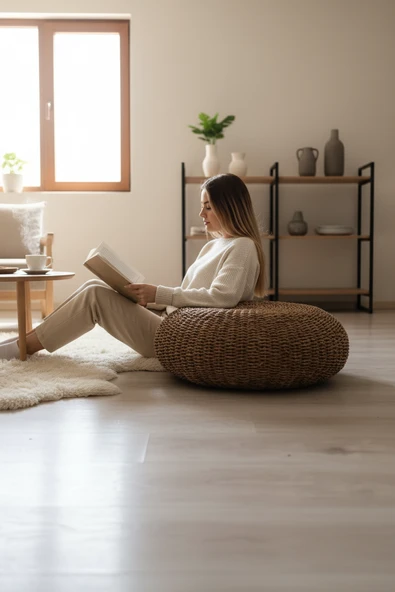 Akayev Nature Hasır Büyük Yuvarlak Puf Minder 60 Cm ürün görseli 1