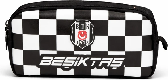 Beşiktaş Lisanslı Çift Bölmeli Dama Desenli Kalemlik - Rubber Logolu Su Itici Kumaşlı Kalem Çantası ürün görseli 1