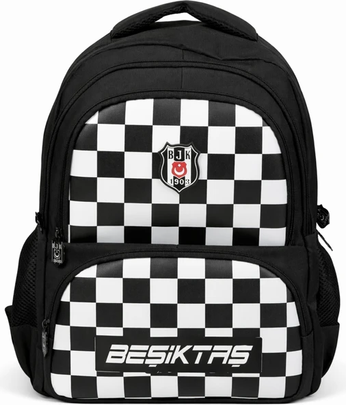 Beşiktaş Lisanslı 4 Bölmeli Dama Desenli Okul Çantası - Rubber Logolu Su Itici Kumaşlı Okul Sırt Çantası ürün görseli 1