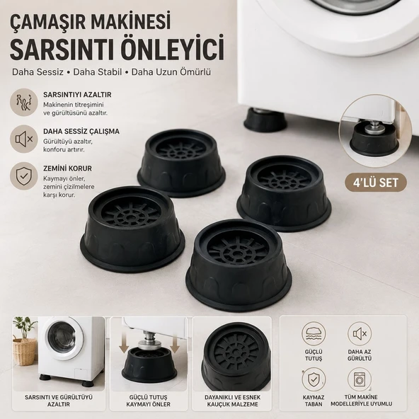 Titreşim Önleyici Çamaşır Makinesi Ayak Pedi - 4 lü Set (Kaymaz - Sessiz - Zemin Koruyucu) ürün görseli 1