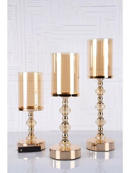 Best Hırdavat Kristal Taşlı Ayaklı Gold Şamdan 3'lü Set Şamdam3 ürün görseli 1