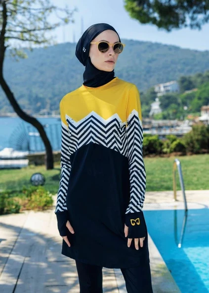 Mayovera Zigzag Hardal Kapalı  Lycralı  Tasarım Mayo - Resim 2