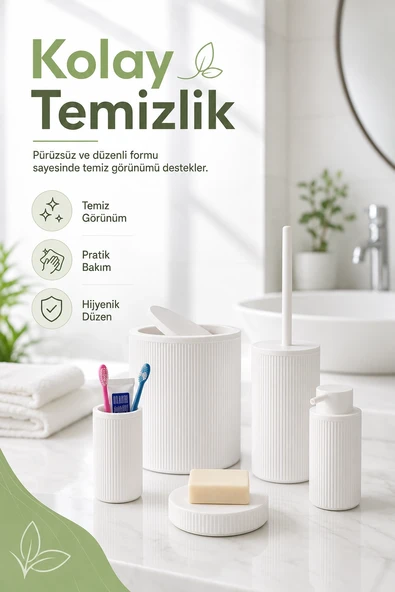 5 Parça Beyaz Banyo Seti Diş Fırçalık Çöp Kovası Sabunluk Sıvı Sabunluk Tuvalet Fırçası ürün görseli 1