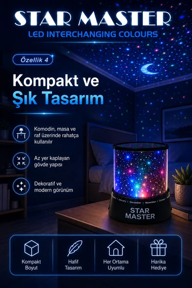 Çocuk Odası İçin Renkli Yıldız Yansımalı LED Gece Lambası Dekoratif Projektör ürün görseli 1