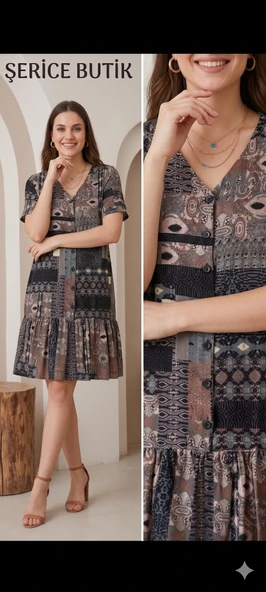 ŞERİCE Kadın Patchwork Desenli Önü Düğmeli Fırfırlı Otantik Elbise ürün görseli 1