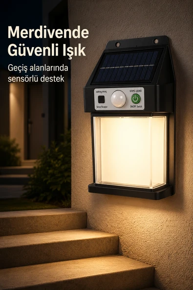 Güneş Enerjili Sensörlü Solar Aplik Dış Mekan Kapı Bahçe Balkon Garaj Duvar Işığı ürün görseli 1