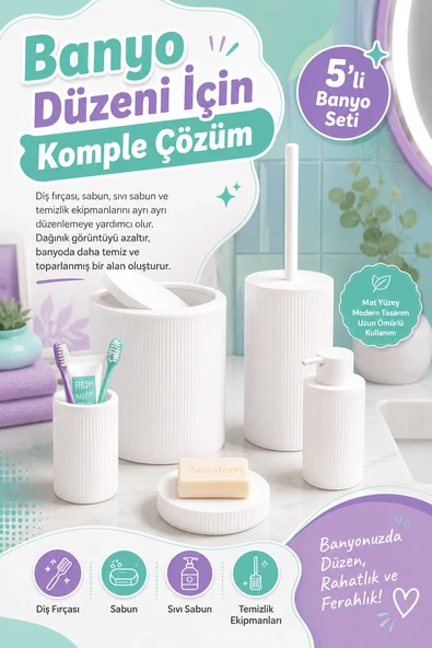 Şık Görünümlü Beyaz Banyo Aksesuar Takımı 5 Parça Günlük Kullanıma Uygun Set ürün görseli 1