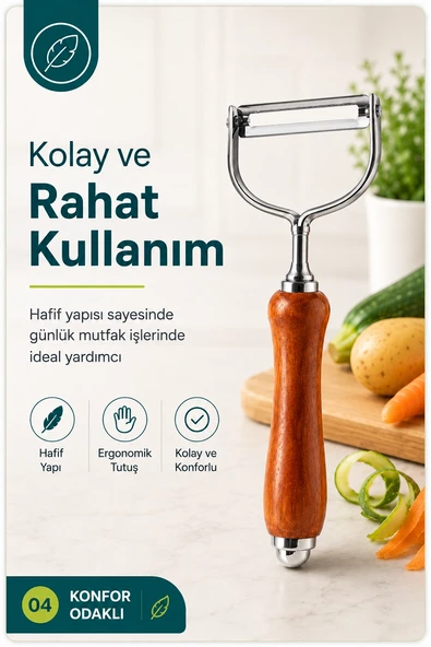 Tek Başlıklı Ahşap Saplı Metal Soyacak Sebze ve Meyve İçin Pratik Kullanım ürün görseli 1