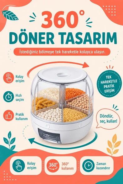 Tek Tuşla Kullanılan Şeffaf Kapaklı Bakliyat Saklama Kabı 6 Bölmeli Döner Hazneli ürün görseli 1