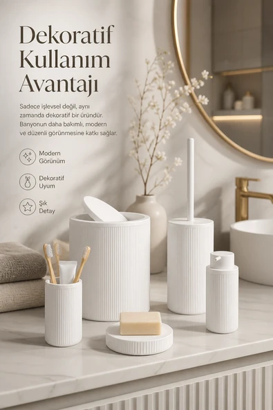 Beyaz Banyo Düzenleyici Set 5 Parça Çöp Kovası Tuvalet Fırçası Sabunluk Fırçalık ürün görseli 1