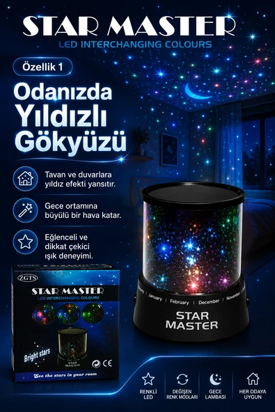 Oda İçin Yıldız Efektli LED Gece Lambası Renkli Işık Yansıtan Dekoratif Projektör ürün görseli 1