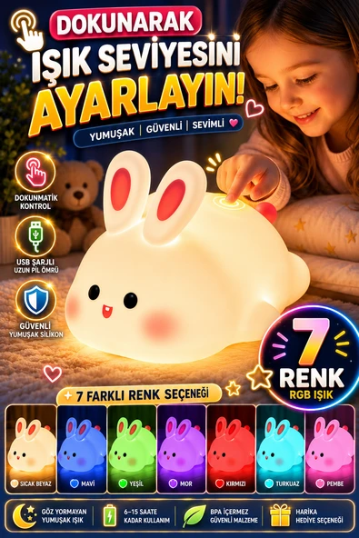 Dokunmatik Tavşan Gece Lambası RGB Renk Değiştiren Şarjlı Çocuk Odası Aydınlatma ürün görseli 1