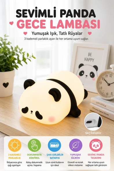 Sevimli Panda Gece Lambası USB Şarjlı Dokunmatik Silikon Çocuk Odası Başucu Lambası 3 Kademe ürün görseli 1