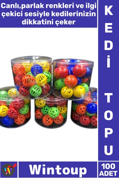 #KediTopu Renkli Eğlenceli İnteraktif İlgi Çekici Dayanıklı Plastik Sesli Çıngıraklı Evcil Hayvan Pet Kedi Topu 100 Adet ürün görseli 1
