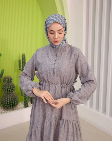 BELDEN BAĞLAMALI KETEN ELBİSE - Resim 2