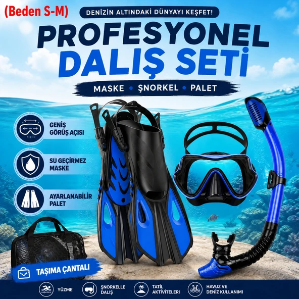 HyMark Full Dalış Seti (S-M) Beden Maske Şnorkel Palet Ayarlanabilir Profesyonel Deniz Seti Taşıma Çantalı ürün görseli 1