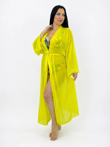 Büyük Beden Uzun Kollu Belden Bağcıklı Tül Kadın Kaftan Pareo ürün görseli 1