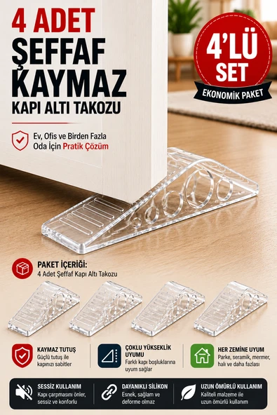 4 Adet Şeffaf Silikon Kapı Altı Stoperi Kaydırmaz Kapı Durdurucu 12 cm Kapı Sabitleyici ürün görseli 1