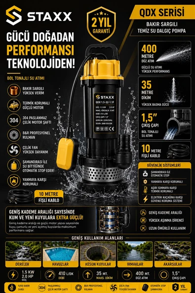QDX 2HP Şamandıralı Dalgıç Su Pompası 40 Metre Basma 1.5'' Çıkışlı Bakır Sargılı Temiz Su Motoru ürün görseli 1