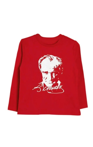 Atatürk Baskılı İmza Detay Kırmızı Uzun Kollu sweatshirt ürün görseli 1