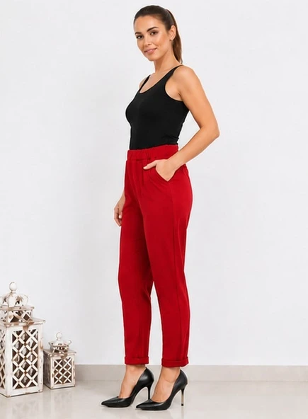Kadın Esnek Krep Kumaş Duble Paça Beli Lastikli Kırmızı Pantolon ürün görseli 1