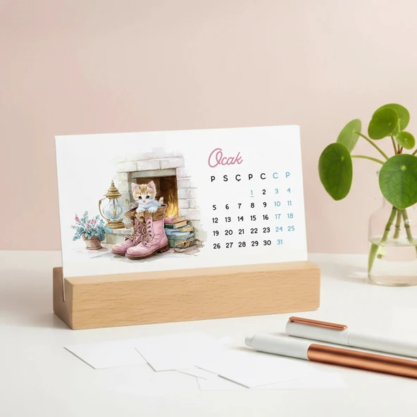 2027 Sevimli Yavru Kedili Masa Takvimi | Doğal Ahşap Tabanlı Takvim | Pastel Pembe Kedi illüstrasyonlu Takvim ürün görseli 1