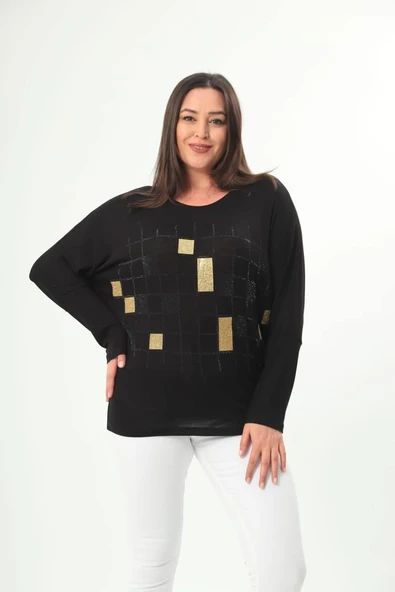 Kadın Gold Taşlı Yuvarlak Yaka Reglan Kol Siyah Bluz ürün görseli 1