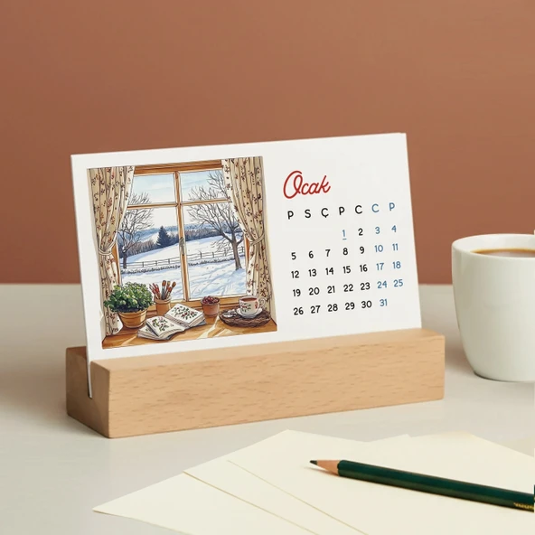 2027 Ahşap Masa Takvimi – Dört Mevsim Pencereden Manzaralı İllüstrasyonlar, Dekoratif Ahşap Standlı Takvim ürün görseli 1