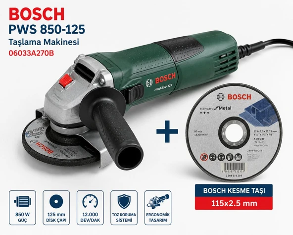 Bosch PWS 850-125 Taşlama Makinesi + Bosch 115x2,5 mm Metal Kesici Disk ürün görseli 1
