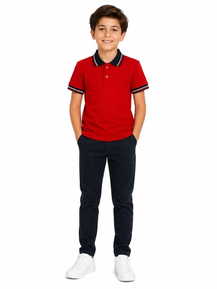 Çocuk Pamuklu Yumuşak Dokulu Lacivert Polo Yaka Kırmızı Okul Tshirt ürün görseli 1