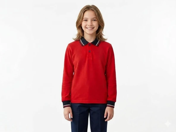Çocuk Pamuklu Yumuşak Dokulu Polo Yaka Kırmızı Sweatshirt ürün görseli 1