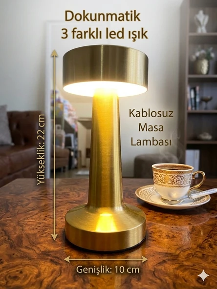 Mantar Masa Lambası Gold 3 Renkli Kablosuz Şarjlı Dekoratif Abajur Usb Hediyeli ürün görseli 1