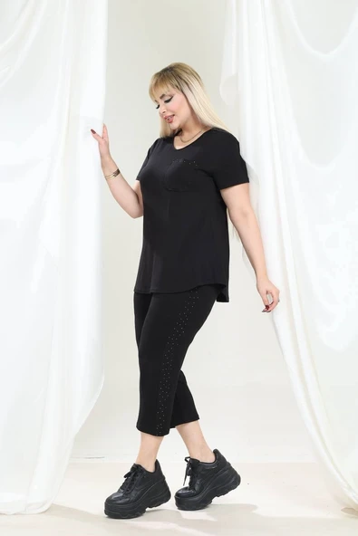 Kadın Kapri Tshirt Taş Detaylı Şık Viskon Penye Takım ürün görseli 1