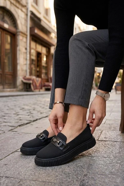 Fort Ventes 346415 Rahat Taş Toka Aksesuarlı Triko Loafer Kadın Ayakkabı ürün görseli 1