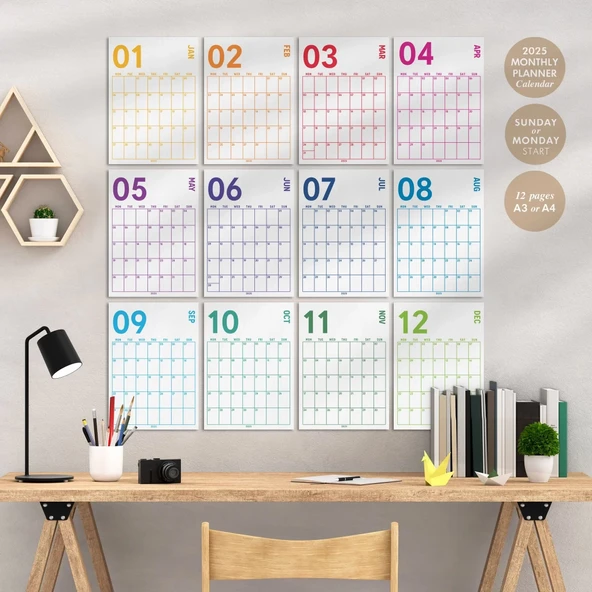 2027 Aylık Planlayıcı Duvar Takvimi, 33X48 cm & A4 Poster Takvim, Organizer Takvim, Gökkuşağı Renkleri ürün görseli 1