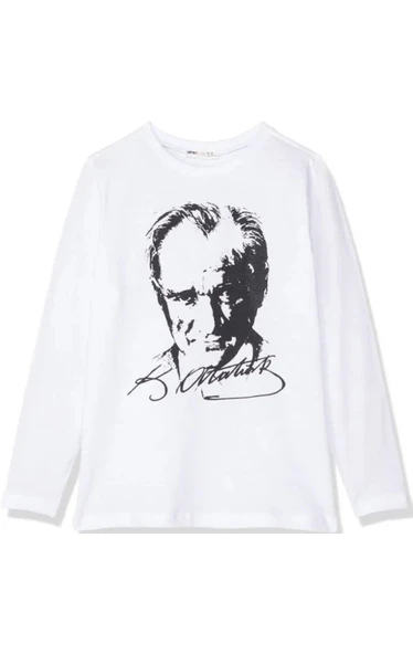 Atatürk Baskılı İmza Detay Beyaz Uzun Kollu Sweatshirt ürün görseli 1