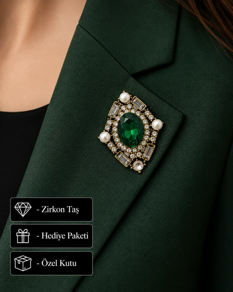 Zümrüt Yeşil Kristal Taşlı Vintage Gold Kadın Broş - Şık Hediye ürün görseli 1