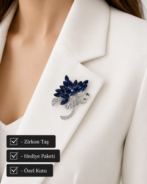 Premium Safir Mavisi Kristal Taşlı Çiçek ve Fiyonk Tasarımlı Kadın Broş ürün görseli 1