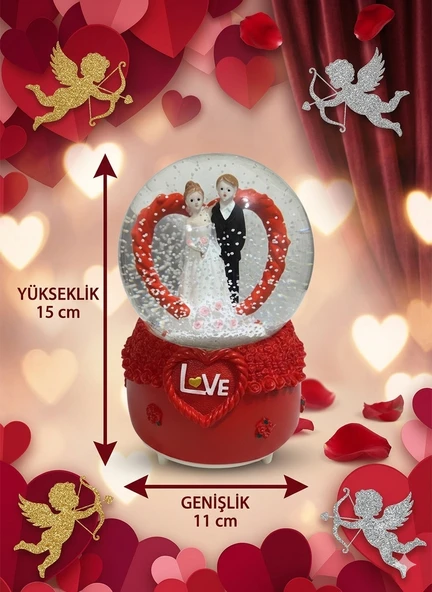 Kar Küresi Love Pilli Işıklı Müzikli Büyük Boy Dönence Gelin Damat Kalpli Sevgililere Özel Porselen ürün görseli 1