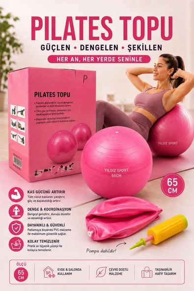 Pilates Topu 65 cm Pembe + El Pompası Hediyeli Denge Egzersiz Topu Fitness Yoga ürün görseli 1