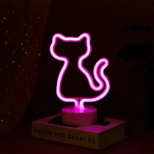 Neon Kedi Masa Gece Lambası Pembe Işık - Resim 3