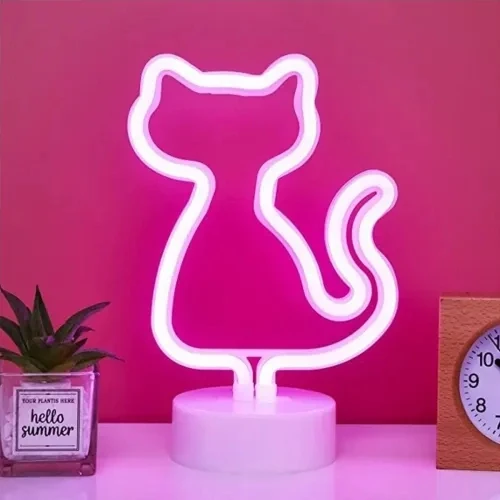 Neon Kedi Masa Gece Lambası Pembe Işık - Resim 2